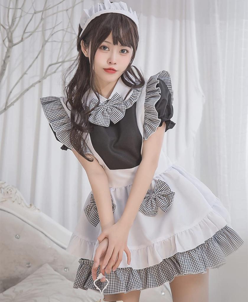 Damen Faul Lolita Dienstmädchen Cosplay Kurzes Kleid über dem Karomuster, Ärmel, Schürze, Knie, Mini, Grau, (Klein)