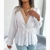 Herbst Vintage V-ausschnitt Spitze Frauen Hemd Lässig Feste Flare Hülse Tops Büro Damen Dünne Spitze-up Elegante Bluse frau 29594