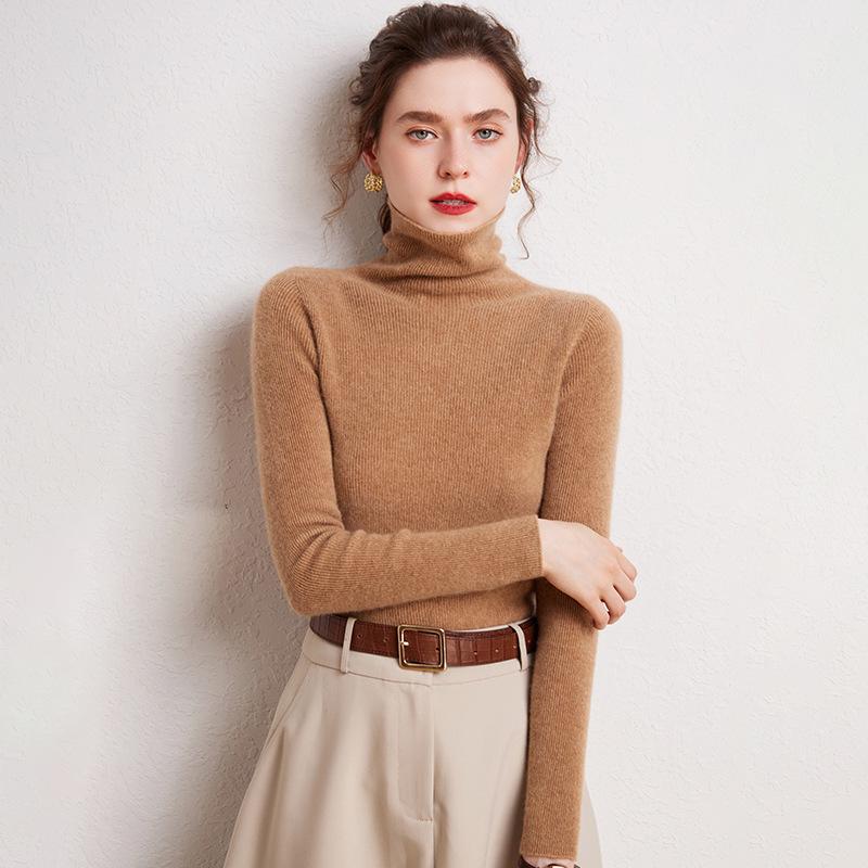 Women's 100% Cashmere High Neck Slimming Pullover Sweater - Solid Color, Warm, Versatile Knit Base Layer