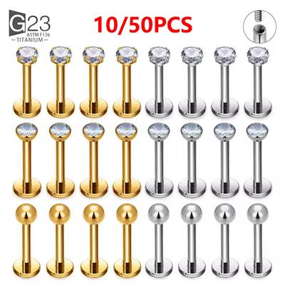 10 Piezas/50 Piezas Titanio G23 Labret Stud para Oreja Labio Joyería Cuadrado Piedra CZ Cartílago Tragus Pendiente Studs para Lengua Joyería Corporal Roscada