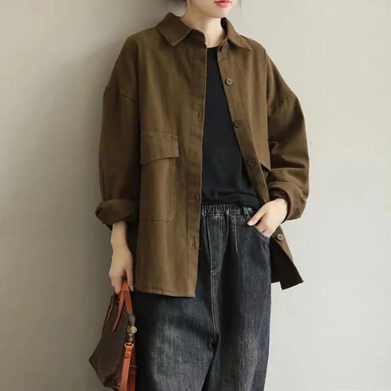 Women Autumn Vintage Style Long Sleeve Big Pockets Outerwear Shirts Solid Color Loose Casual Tops