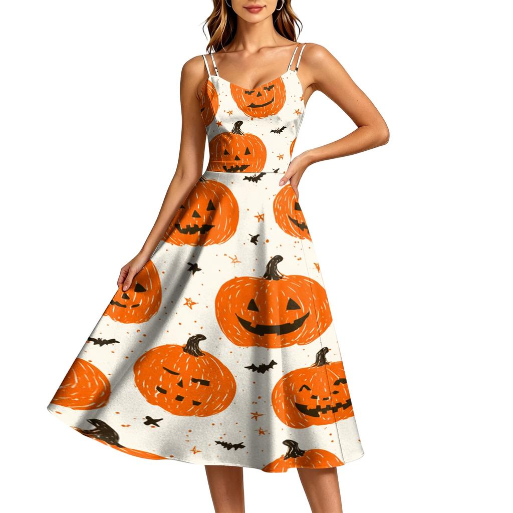 Women's Fashion Casual Sleeveless Round Neck Halloween Print Dress for Party and Daily Wear