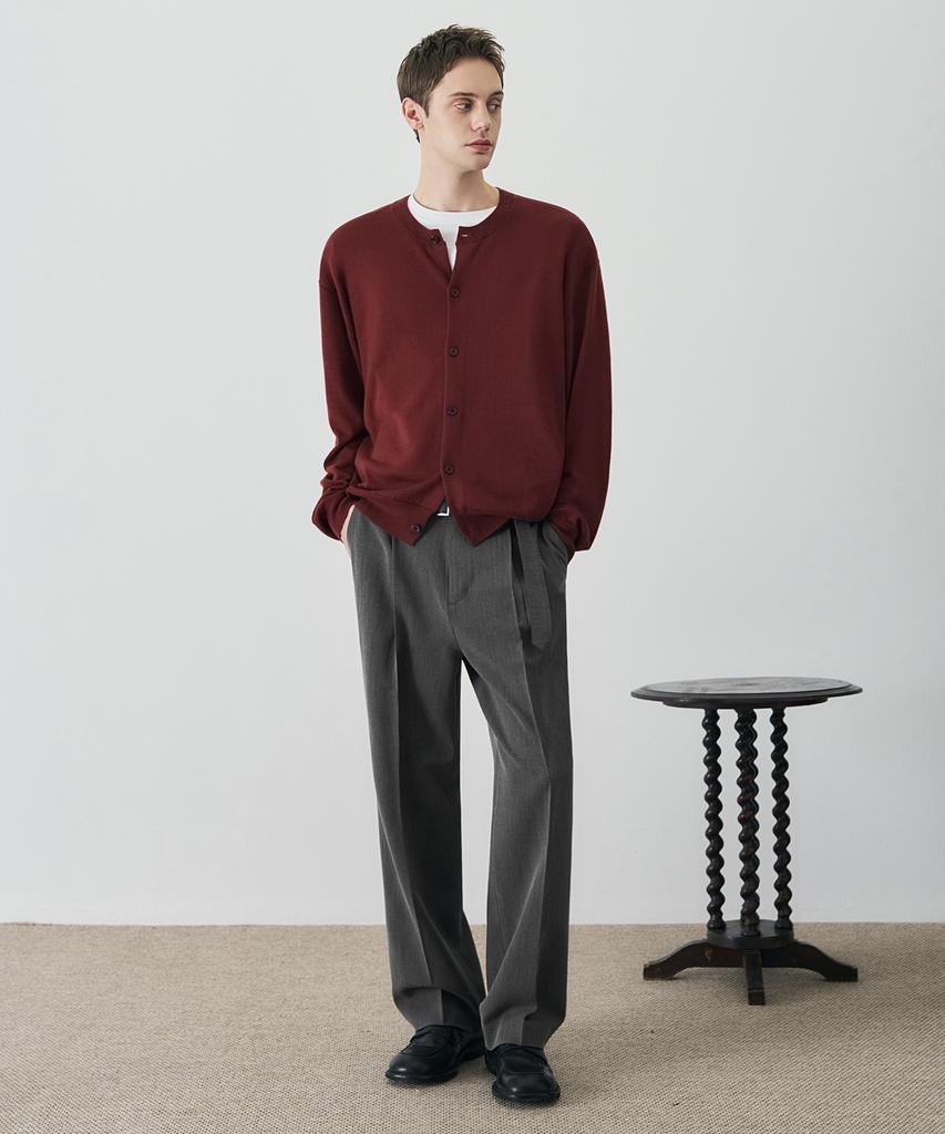 DRAW FIT Herringbone Belted Semi-Wide Slacks [Grey]