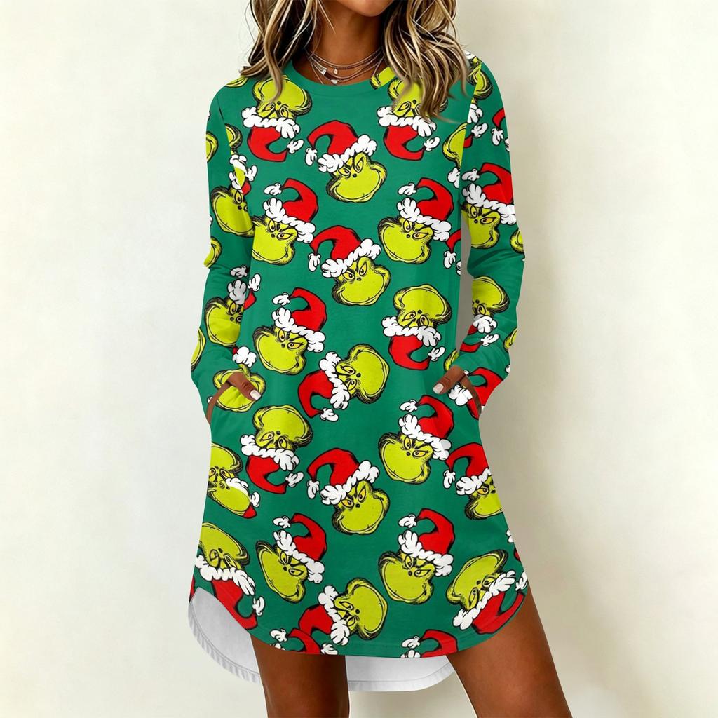 Women's Casual Dress Christmas Print Neck Long Sleeve Festive Holiday Outfit
