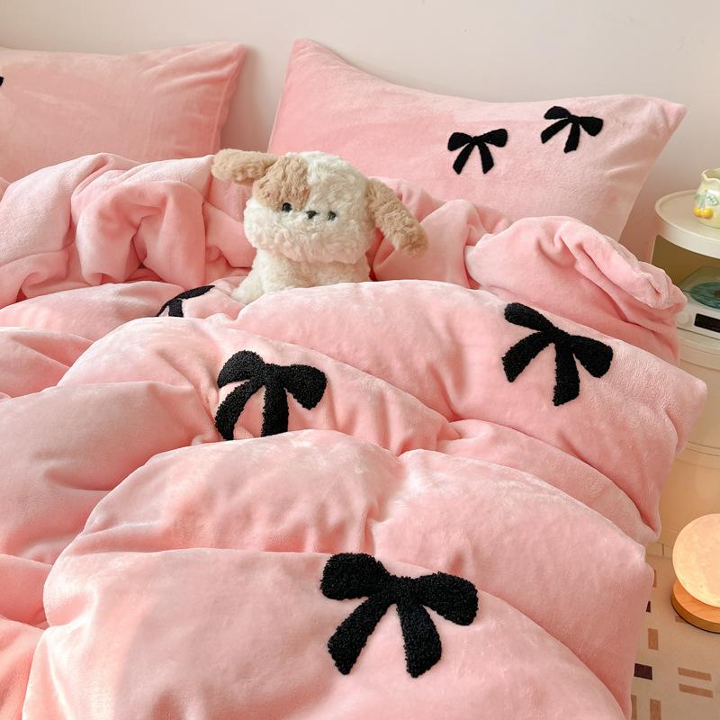 Bow High Gram Weight Thickened Milk Fleece Towel Embroidery Four-Piece Set Bed Sheet Quilt Cover Bedding Three-Piece Set