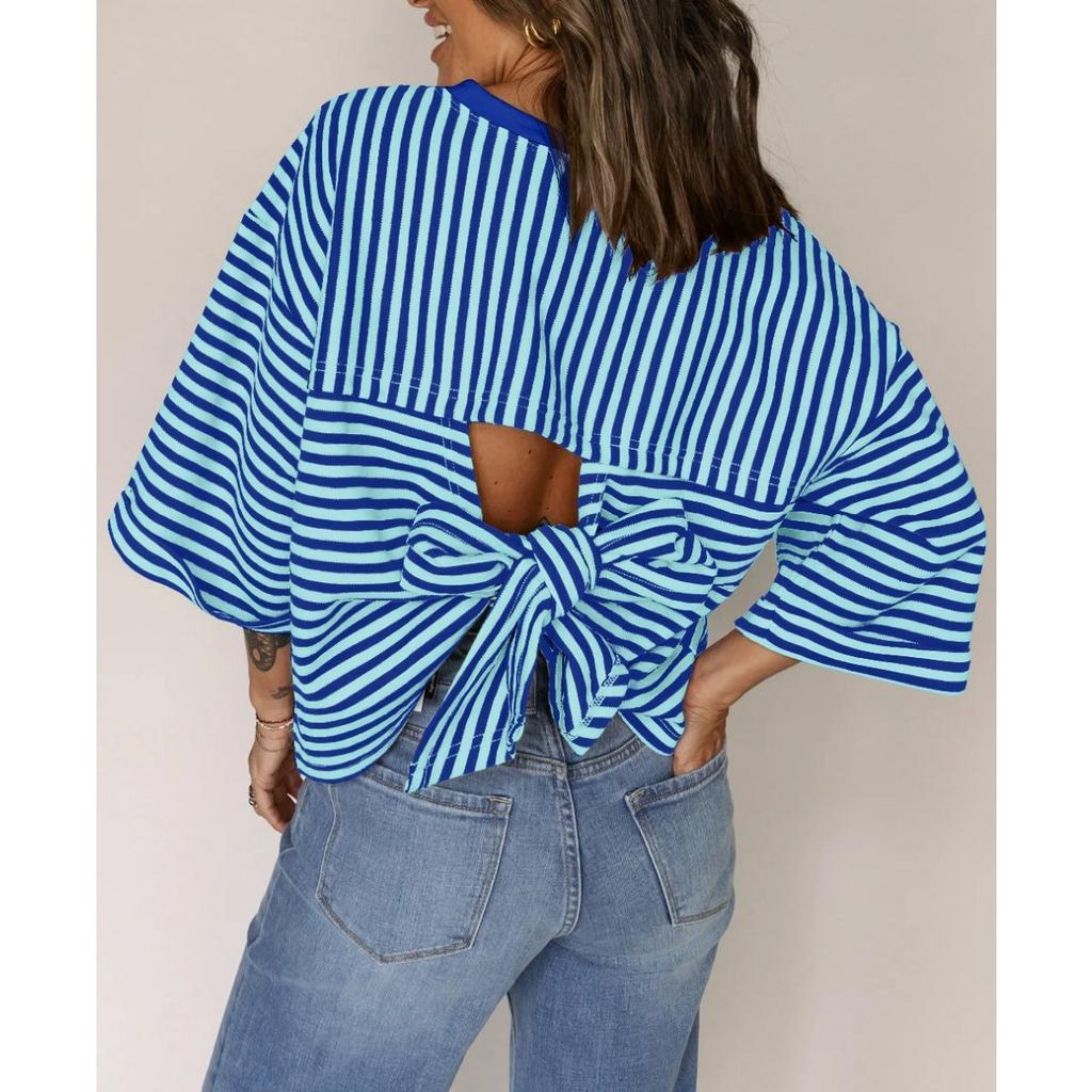 Neues gestreiftes Rundhals-Strickoberteil für Damen mit Schleife am Rücken für die Freizeit