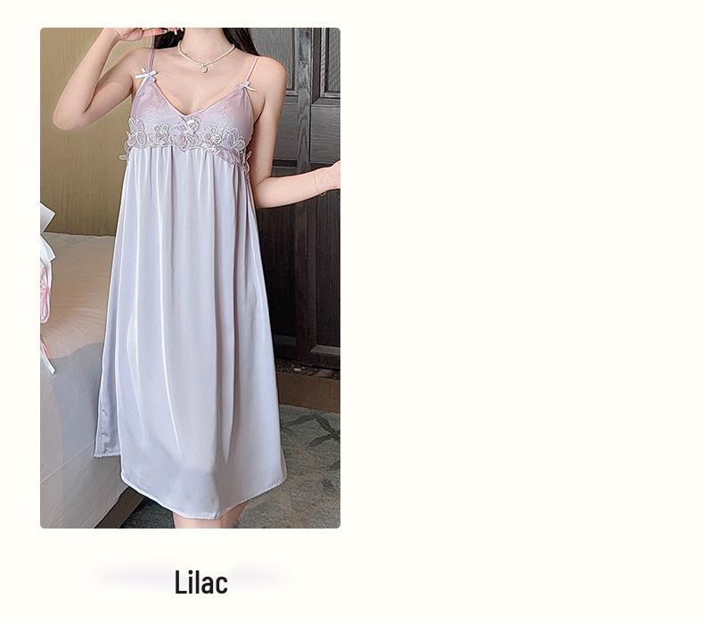 2026 Ice Silk Women’s Pajamas: Mid-Length, Chest Pads, Camisole, Nightgown, Pure Desire Style, Lightweight Home Wear.