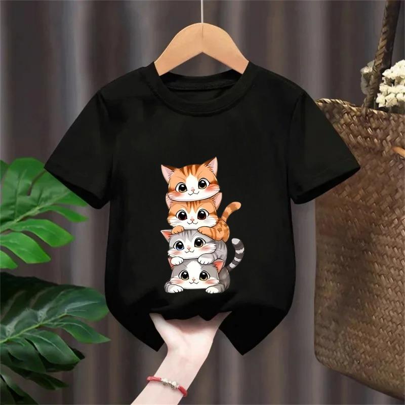 Cute Cat Graphic Kids Tshirts Summer Short Sleeve Tees Cartoon Animal Boys Girls Clothes Kawaii Kitten Tops Y2K Children T-shirt