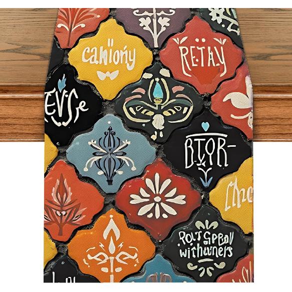 ANNA QUEEN Boho Floral Table Runner 13x72 Inch, Colorful Mexican Otomi-Style, Folk Art Table Decor for Dining Table, Fiesta Party, Kitchen, Wedding