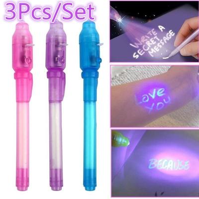 3 Stück zufällige Farbe, neues Zeichnen, Lernen, UV-Licht, Spionage-Kugelschreiber, 2-in-1, unsichtbarer Tintenstift, Scheckgeld