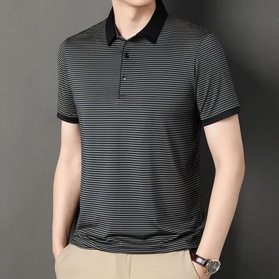 Men's Short Sleeve Polo Shirt Contrast Collar Striped Pattern Breathable Casual Business Tops