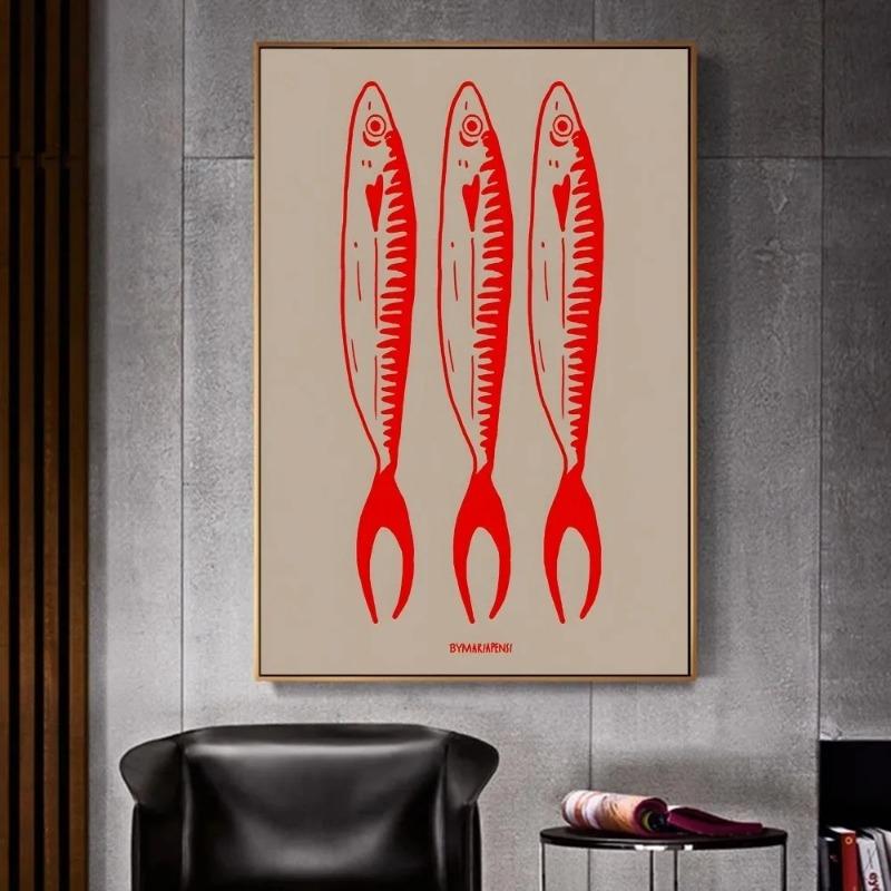 Colorful Sardine Lobster Fish Ocean Animal Whitepaper Canvas Painting  Fancy for Living Room Bar Decoration Vintage Painting