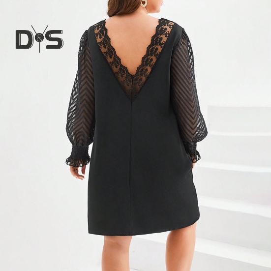 Plus Size Dress V-Neck Hollow Lace Stitching Flared Long Sleeve High Waist Mini Dress Solid Color Casual Mini Dress