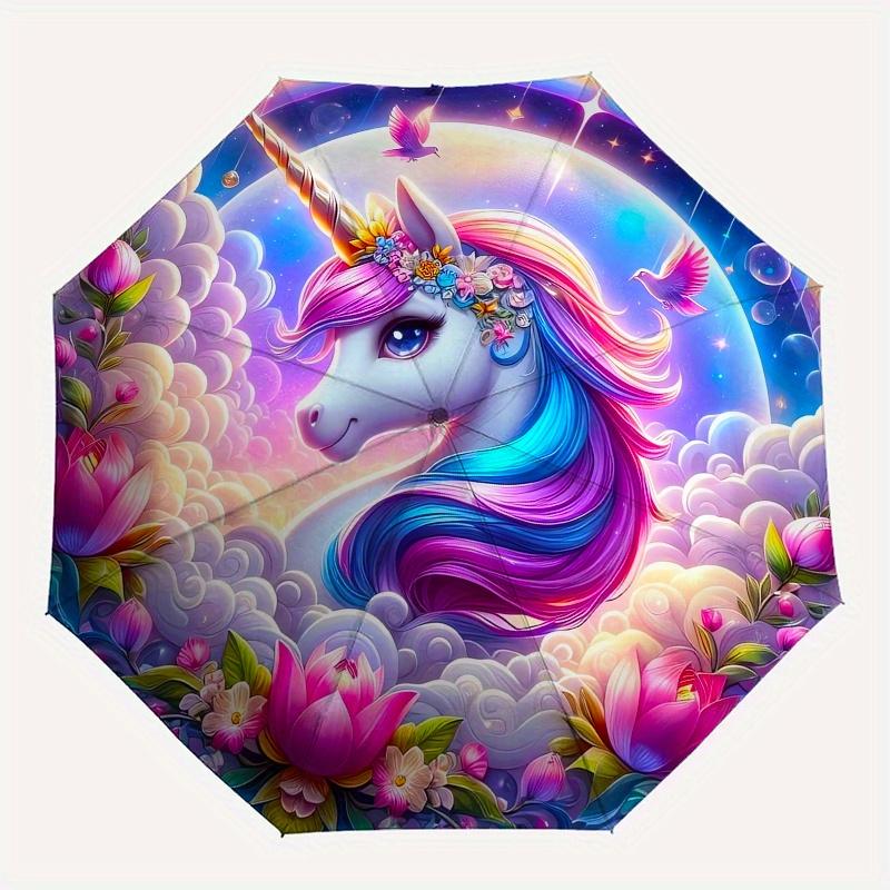 Einhorn Fantasy Thema 8 Rippen Hand-Automatik-Regenschirm, Kompaktes und Tragbares Design, Ein Perfektes Geschenk für Geburtstag, Weihnachten oder Geschäft