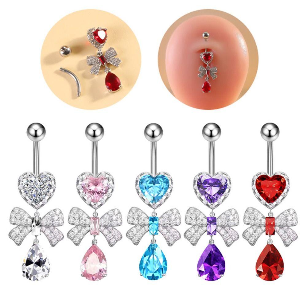 Rhinestone Zircon Navel Ring Bow Heart Belly Button Ring Body Piercing Jewelry Party Decoration