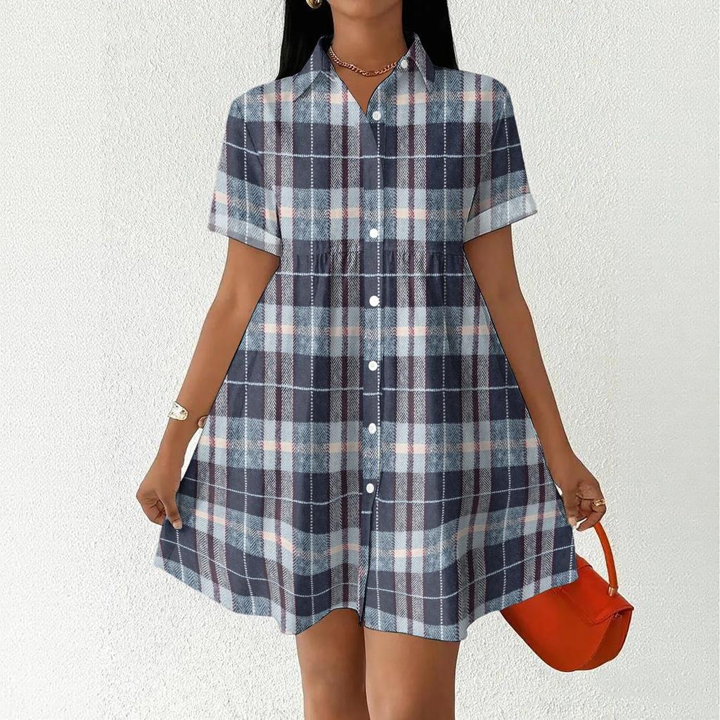 Women’s Casual Loose Fit Shirt Dress Button Front Stand Collar Plaid Pattern Short Sleeve Relaxed Tunic Dress for Daily Wear