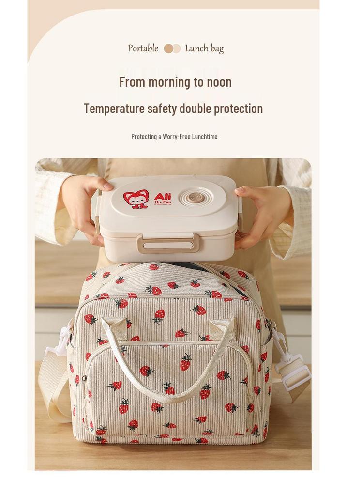 Corduroy Insulated Bento Lunch Bag for Office Workers - Stylish Handheld Design.