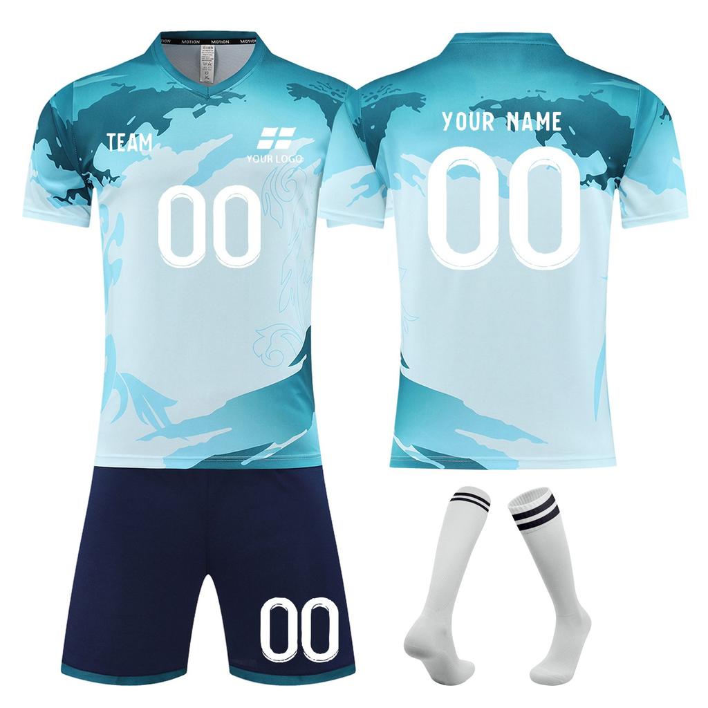 Men's Short Sleeve Soccer Jersey Set Athletic Sportswear Quick Dry Uniform with Shorts and Socks for Training Match