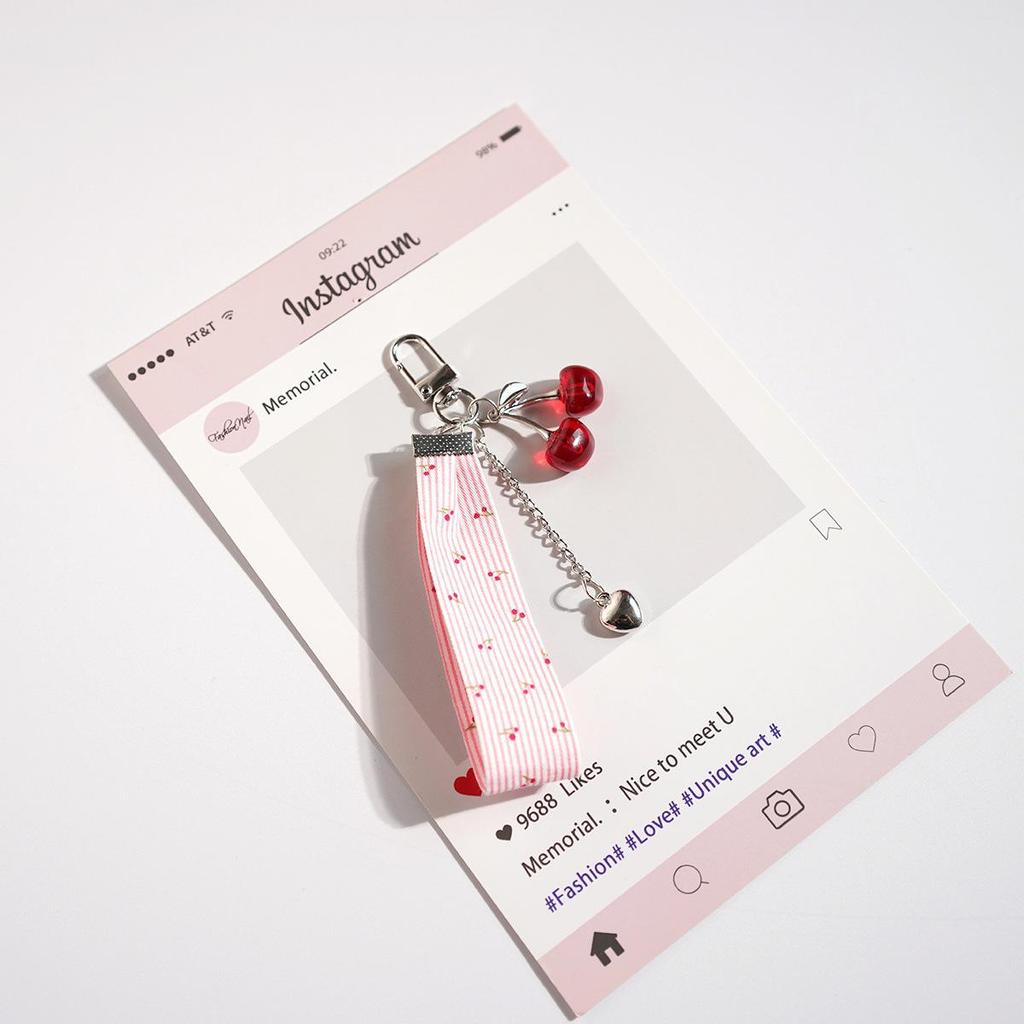 Cherry Bow Beaded Heart Bag Charm Keychain