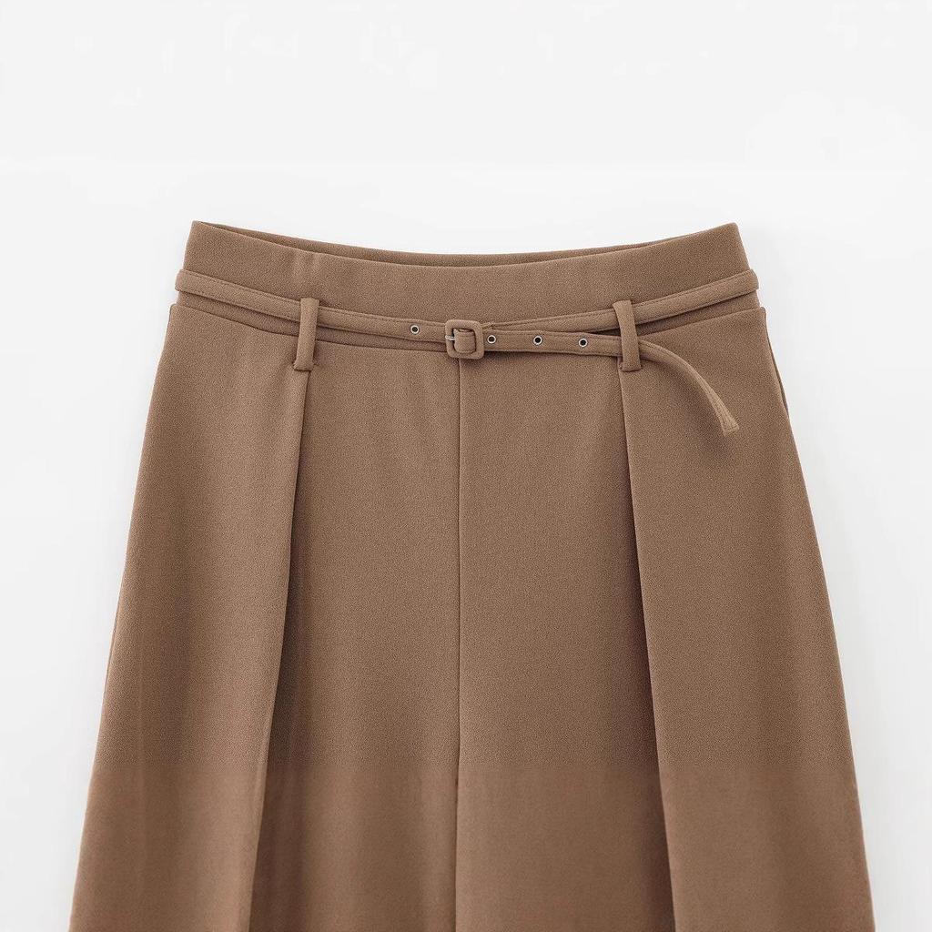 2025 Spring Women's Solid Color Belted Loose Wide-Leg Casual Long Pants