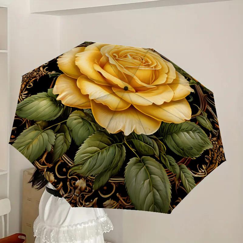 1 Stück Goldene Rose Ornament Regenschirm mit Kunststoffgriff, Geeignet für Alle Jahreszeiten Zuhause Reise Outdoor RegenschirmDD1260