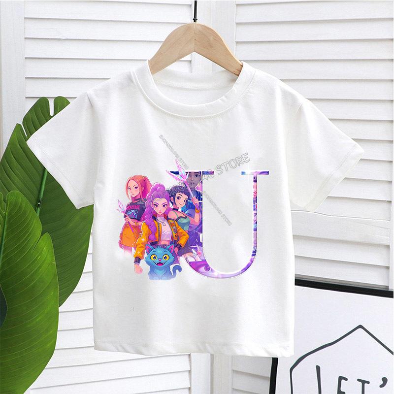 KPop Demon Hunters White T-shirt for Children A-Z Letters Tee Top Cartoon Round Collar Clothes Kids Short Sleeve Clothing Gift