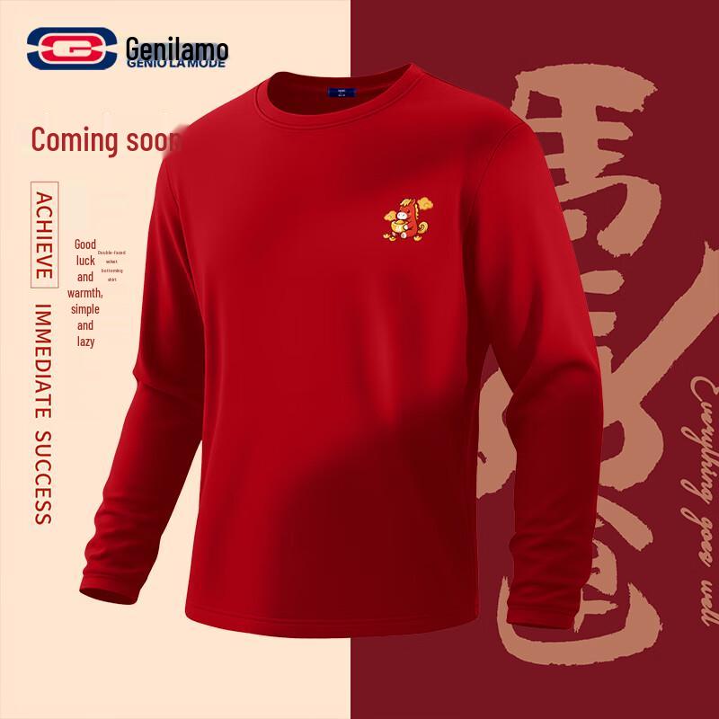 GENIOLAMODE Unisex Red Festive Long-Sleeve Fleece-Lined T-Shirt L