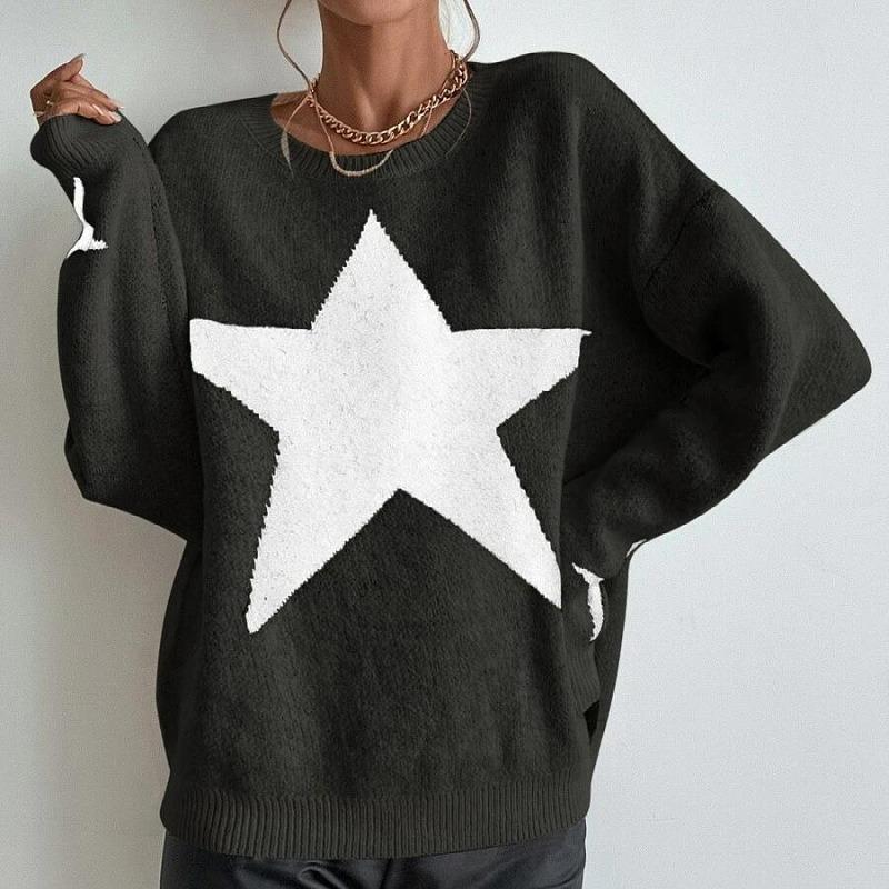 Women S Crew Neck Long Sleeve Pullover Knit Sweater Star Pattern