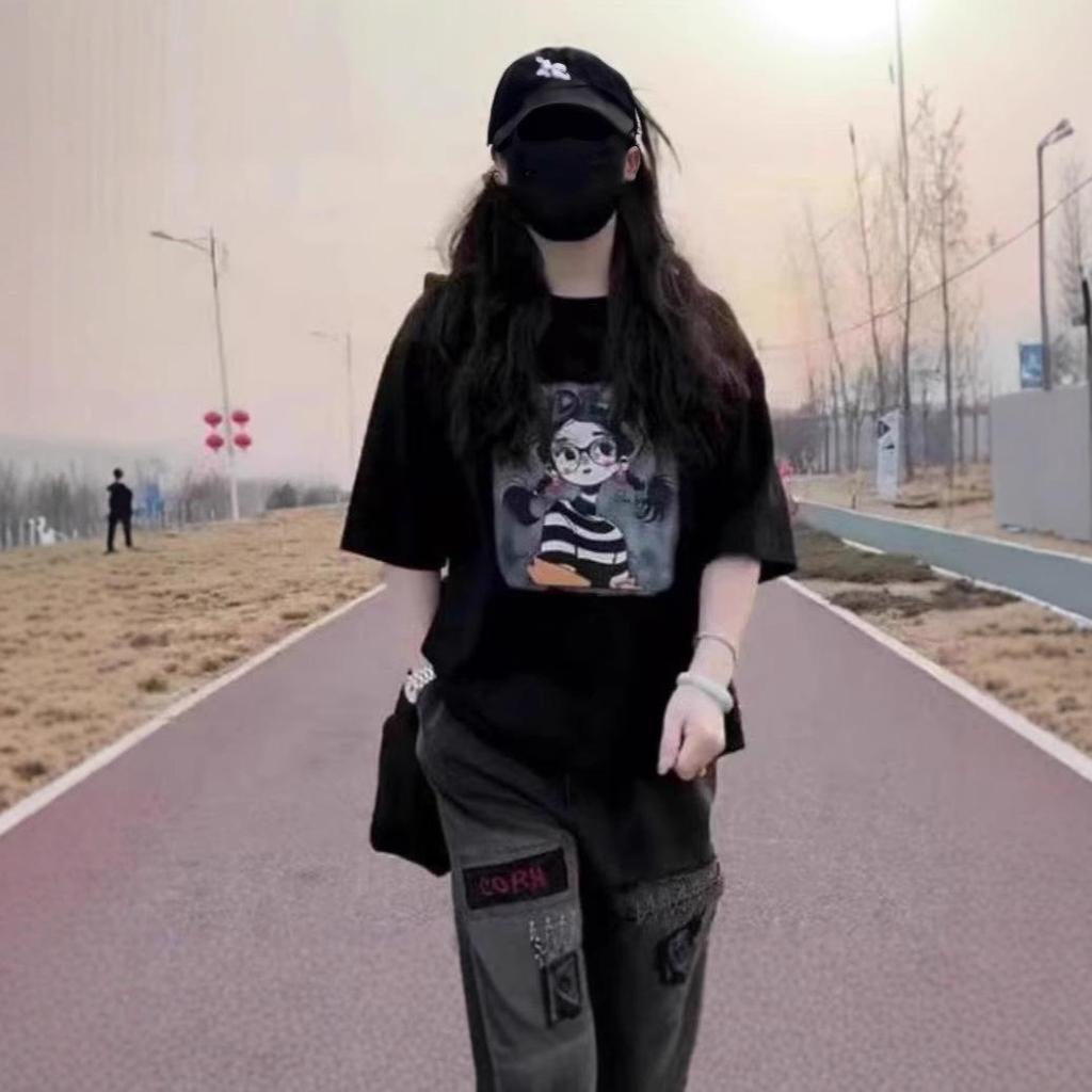 Damen Locker Geschnittenes T-Shirt mit Cartoon-Mädchen-Print, Kurzarm - 2025 Sommer Casual Rundhals-Oberteil