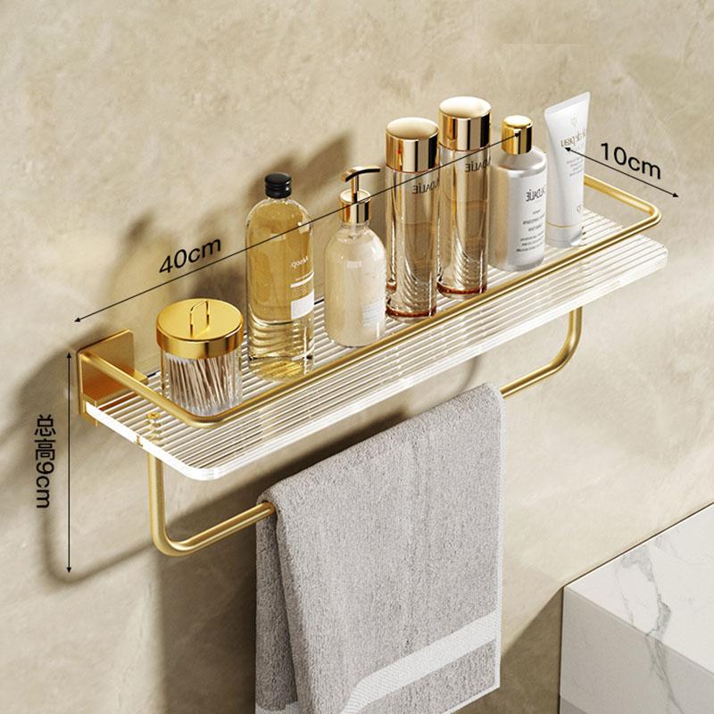 Brushed Gold Bathroom Shelf With Rod 30-50cm Towel Bar Acrylic Wall-mounted Towel Rack Shower Storage Rack Bathroom Hardware