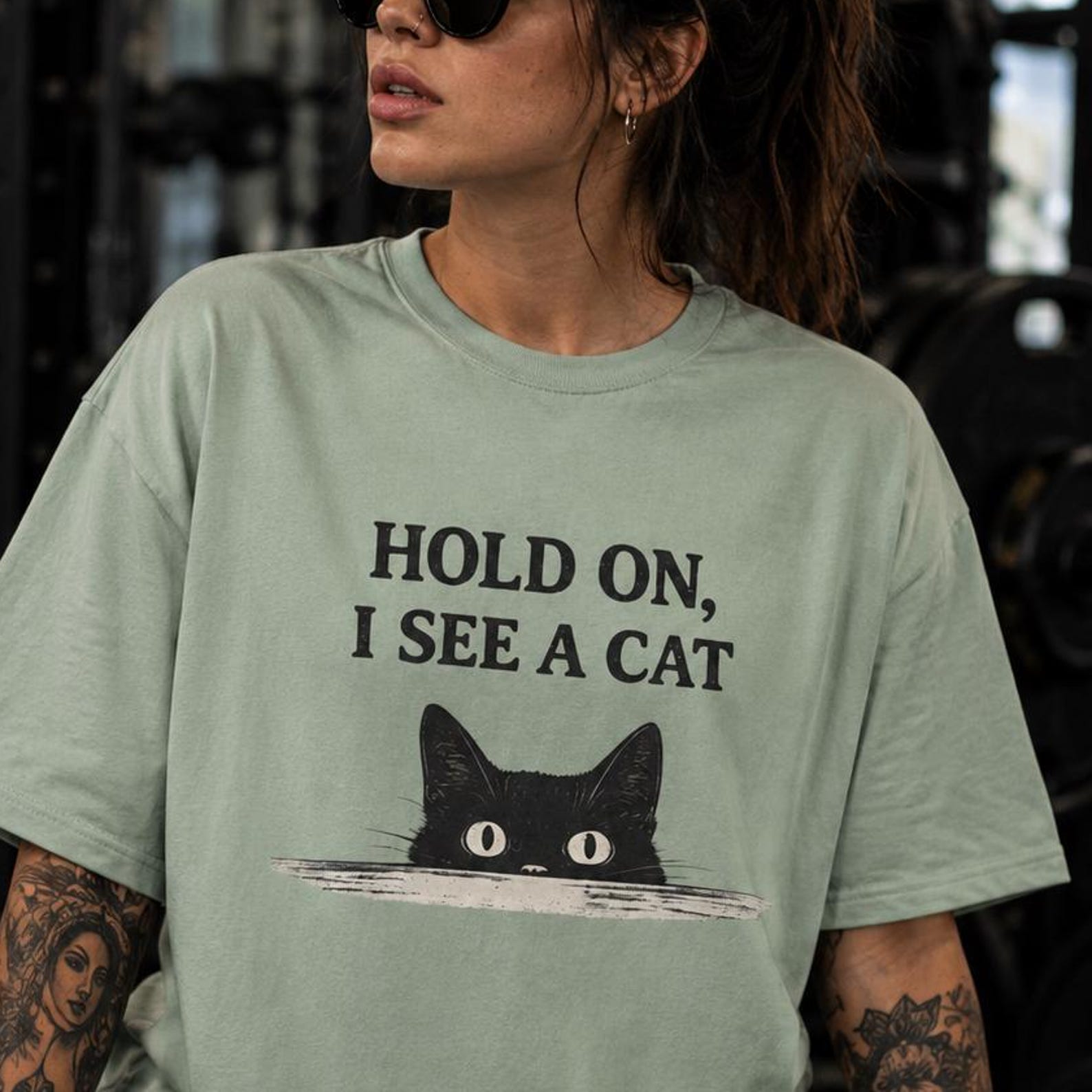 Hold On I See A Cat Shirt, Funny Cat Lover Tee, Peeking Black Cat T-Shirt, Cat Mom Gift, Introvert Cat Shirt 2XL