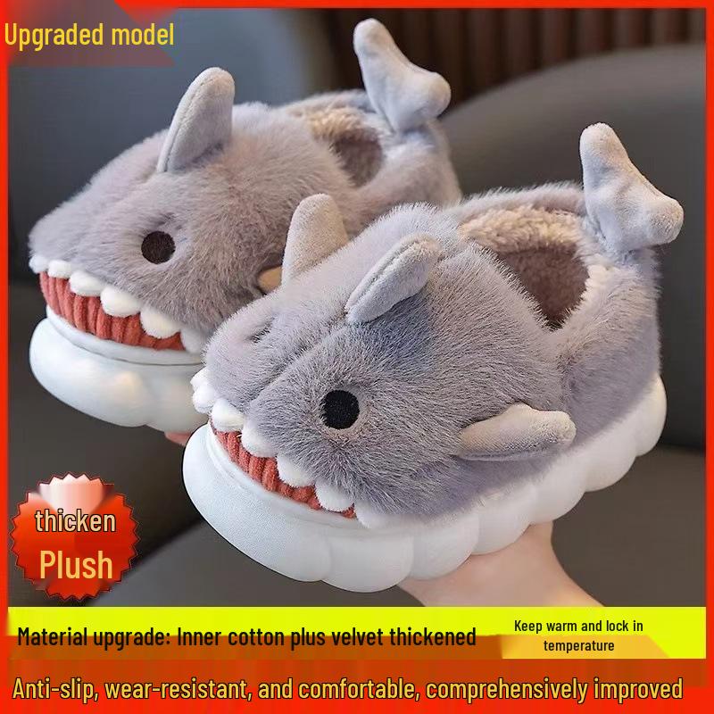 Children's Cartoon Shark Cotton Slippers - Non-Slip, Thick-Soled, Warm, Indoor Shoes for Boys