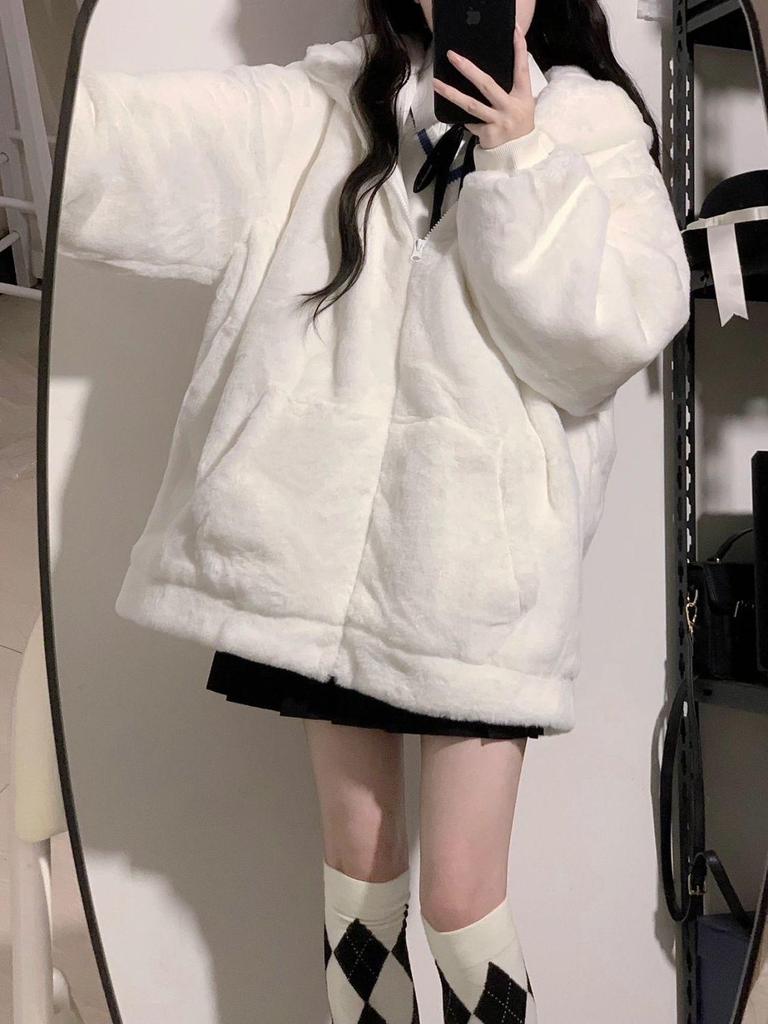 Women's Milk-Soft Rabbit Fur Plush Cardigan - Winter Korean Style, Cute & Cozy Hooded Design, Loose Fit