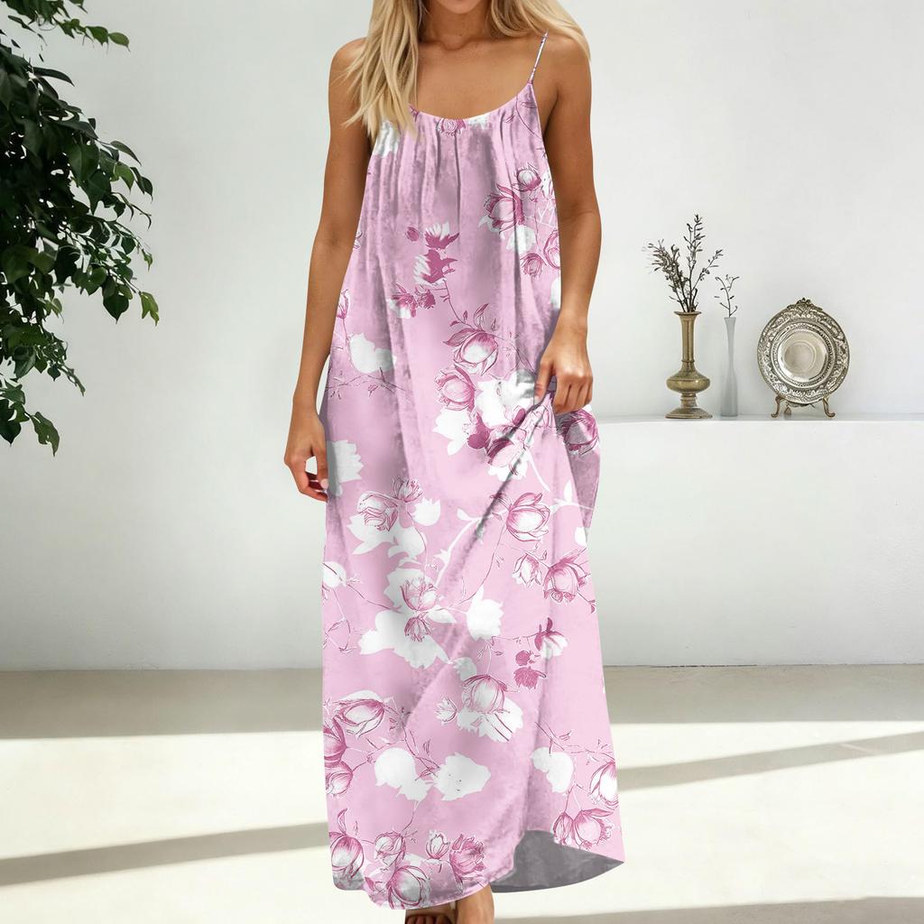 Damenmode Rückenfreies Spaghettiträger Lässiges Lockeres Blumenprint Kleid