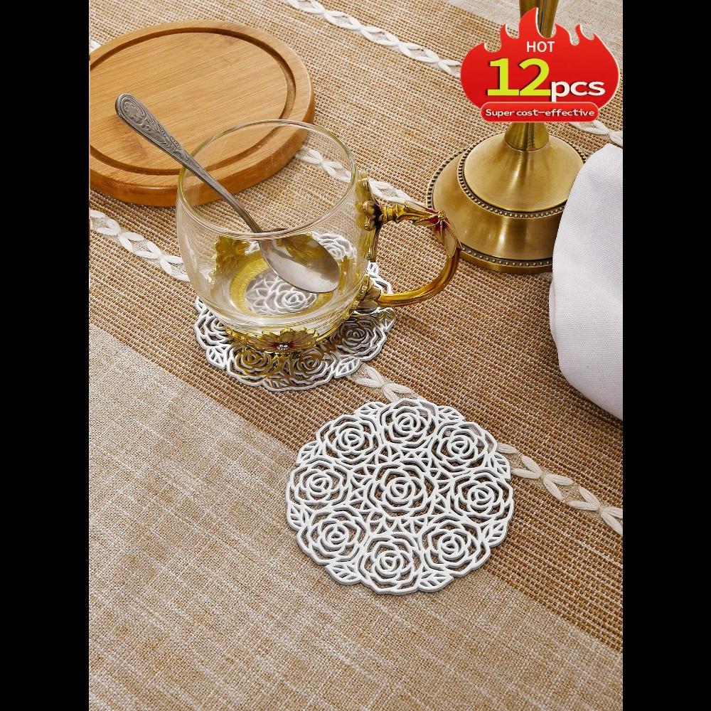 1pc Cocktail Coasters, Round Rose Hollow Coasters, Washable, Easy To Clean, Non-Slip, Heat-Resistant Suitable For Dining Table Decor, Home Decor