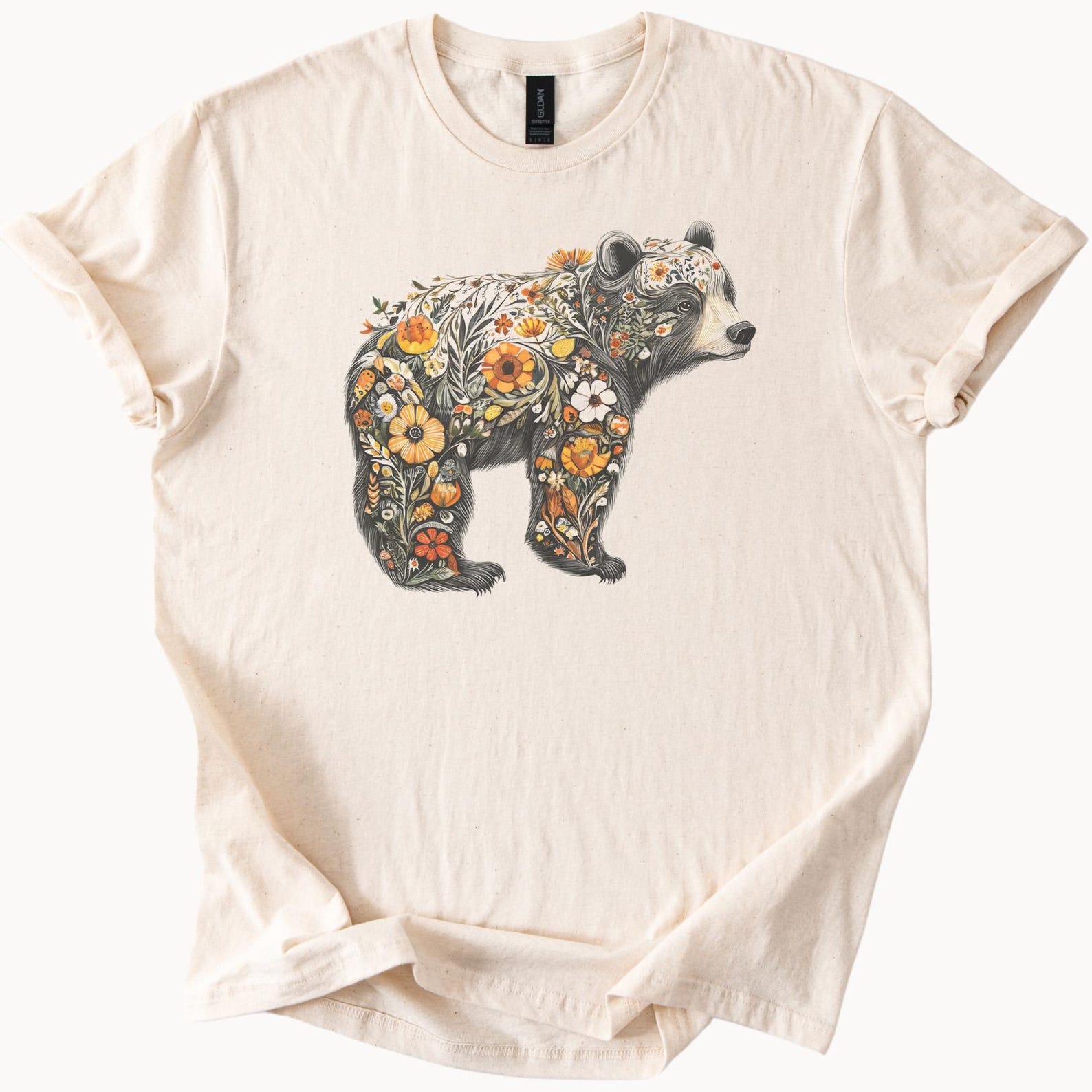 Bear Graphic Shirt Floral Animal Nature Art Wildflower Botanical Bear Tee Soft Cotton Outdoorsy Bear Lover Shirt Unique Wildlife Apparel 120