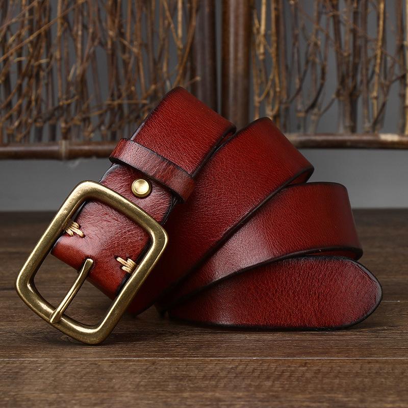 

Мужской винтажный ремень из кожи растительного дубления с латунной пряжкой, молодежный ремень, мужской повседневный универсальный модный 125cm