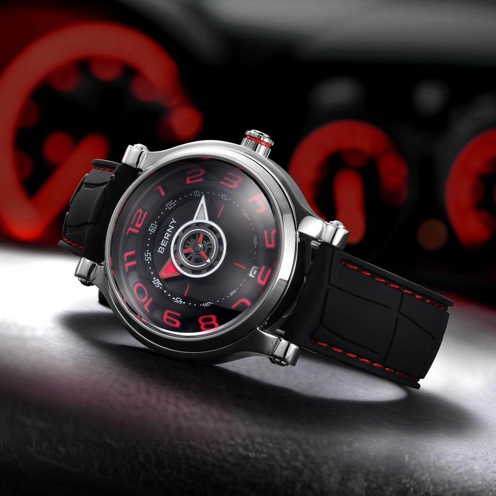 BERNY Zegarek Mechaniczny Zegarek Automatyczny i Manualny Ruch Miyota 8215 Wielofunkcyjny Kalendarz Świecące Wskazówki Wystawa Tylna Okładka 5ATM