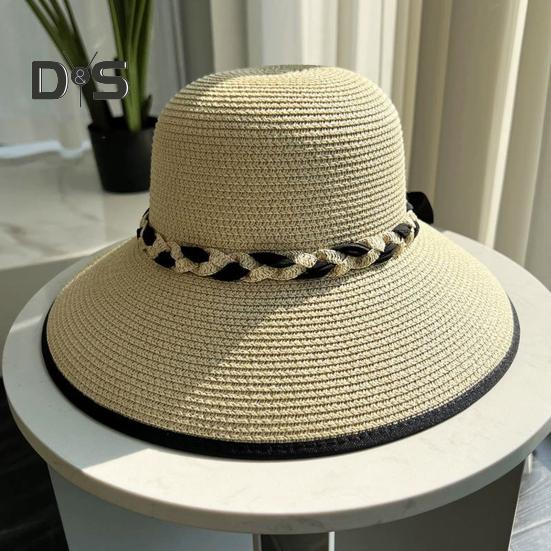 Sommer-Sonnenhut mit breiter Krempe, geflochtenem Seildekor, Strandhut, UV-Schutz, größenverstellbar, Schweißbänder, Damen-Strohhut