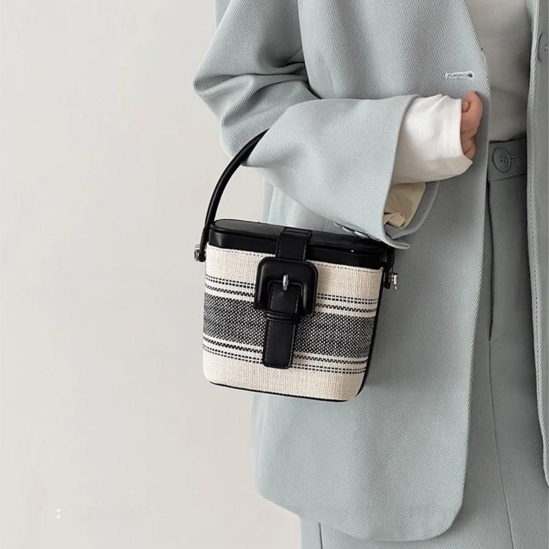 Retro Stripe Drawstring Bucket Bag Women Denim Stitching Large Capacity Shoulder Bag Ladies Daily Casual Versatile Crossbody Bag