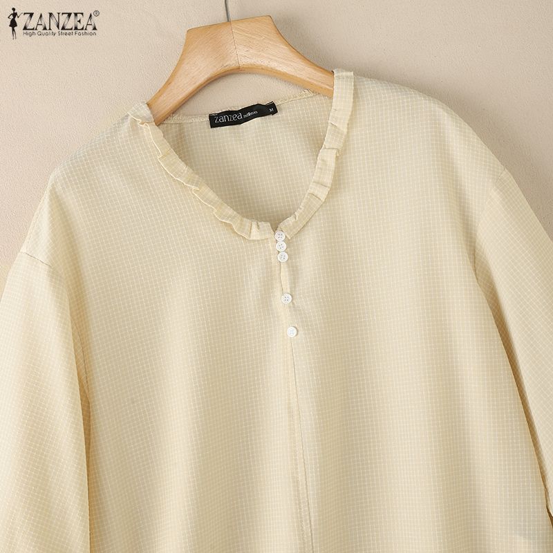 ZANZEA Women Casual V-neck Plaid Print Loose Half Sleeve Blouse