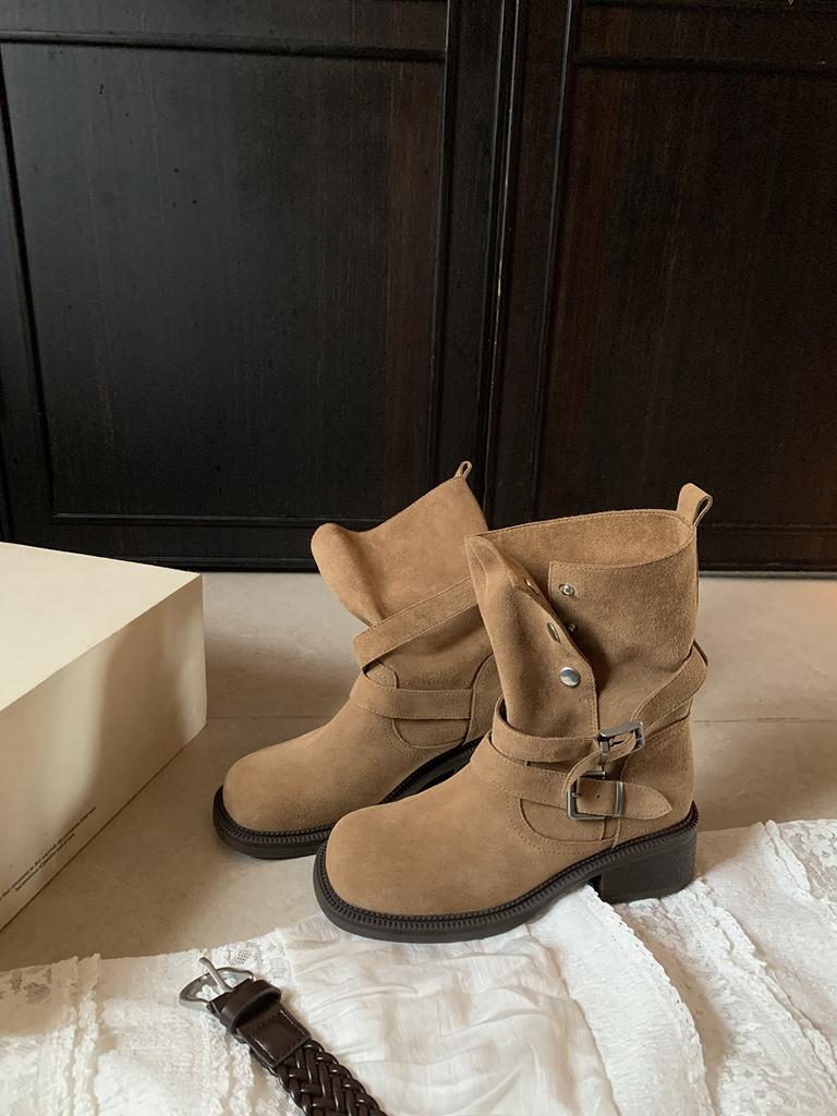 Sheepskin version~ Thick-soled retro stacking boots Autumn heightening Maillard short boots Versatile thick heel belt buckle Martin boots