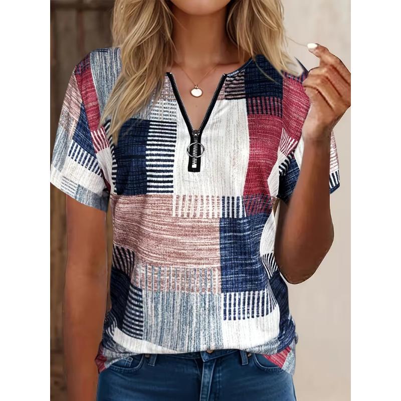 Casual Fashion Holiday Women's Regular Edition Full body Printed Stripe Zipper Short Sleeve V-neck T-shirt