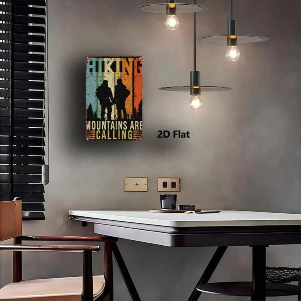 Vintage Mountains Calling Metal Wall Sign Rustic 8x12 Inch Iron Plaque Hiker Silhouette Outdoor Cabin Decor