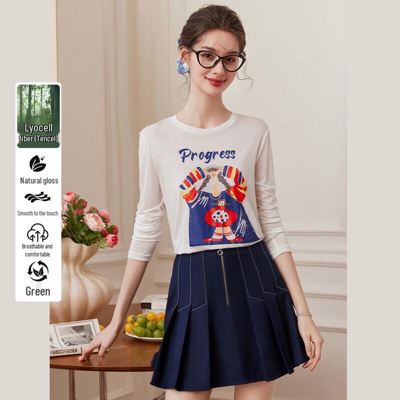 

Bailuyu Tencel Contrast Pattern Long Sleeve Pullover T-Shirt for Women L