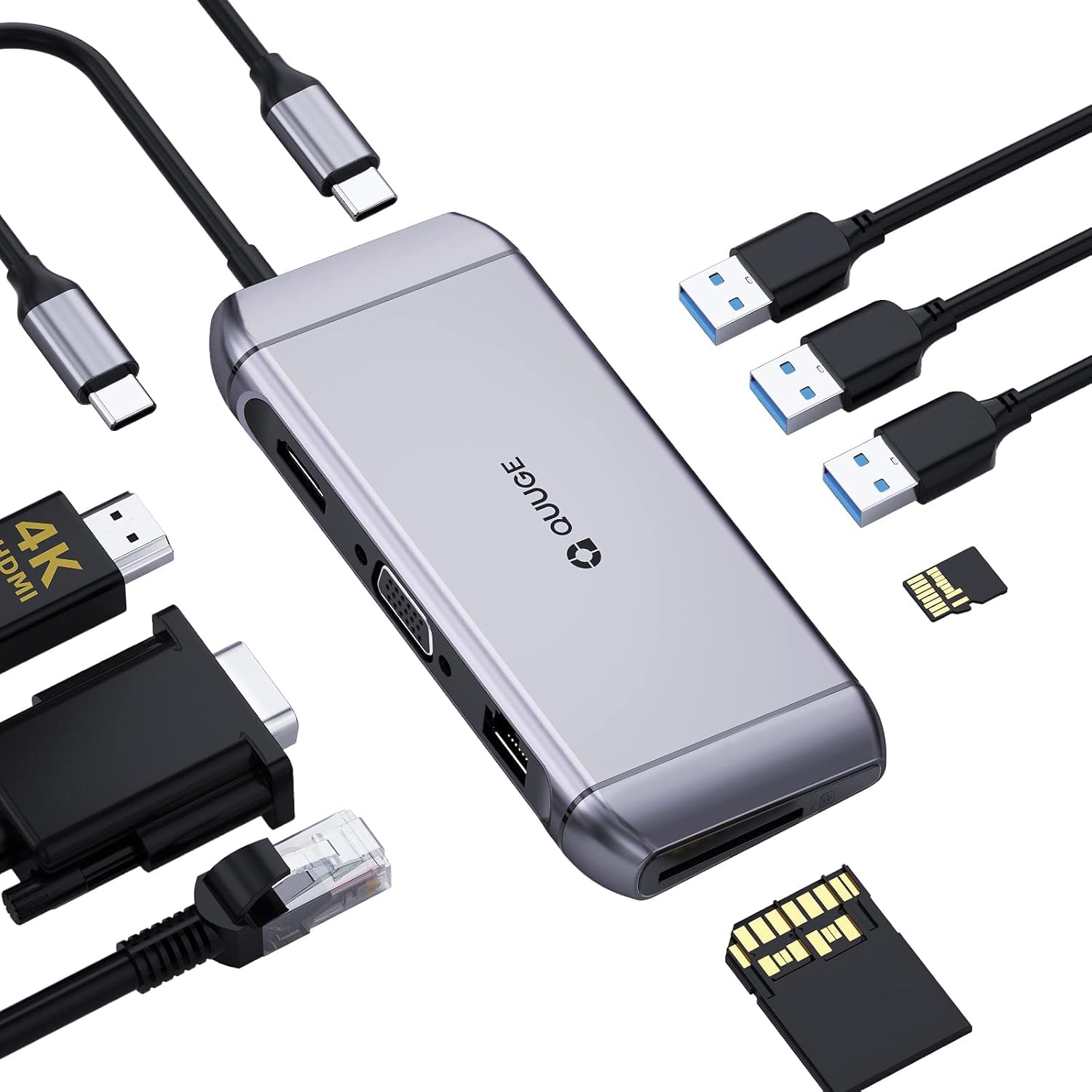 

Док-станция QUUGE 9 в 1, хаб для быстрой зарядки PD, совместимый с HDMI и VGA, док-станция USB-C, LAN 1000 Мбит/с, хаб 9 портов со слотом для Micro Card, USB-хаб 5 Гбит/с