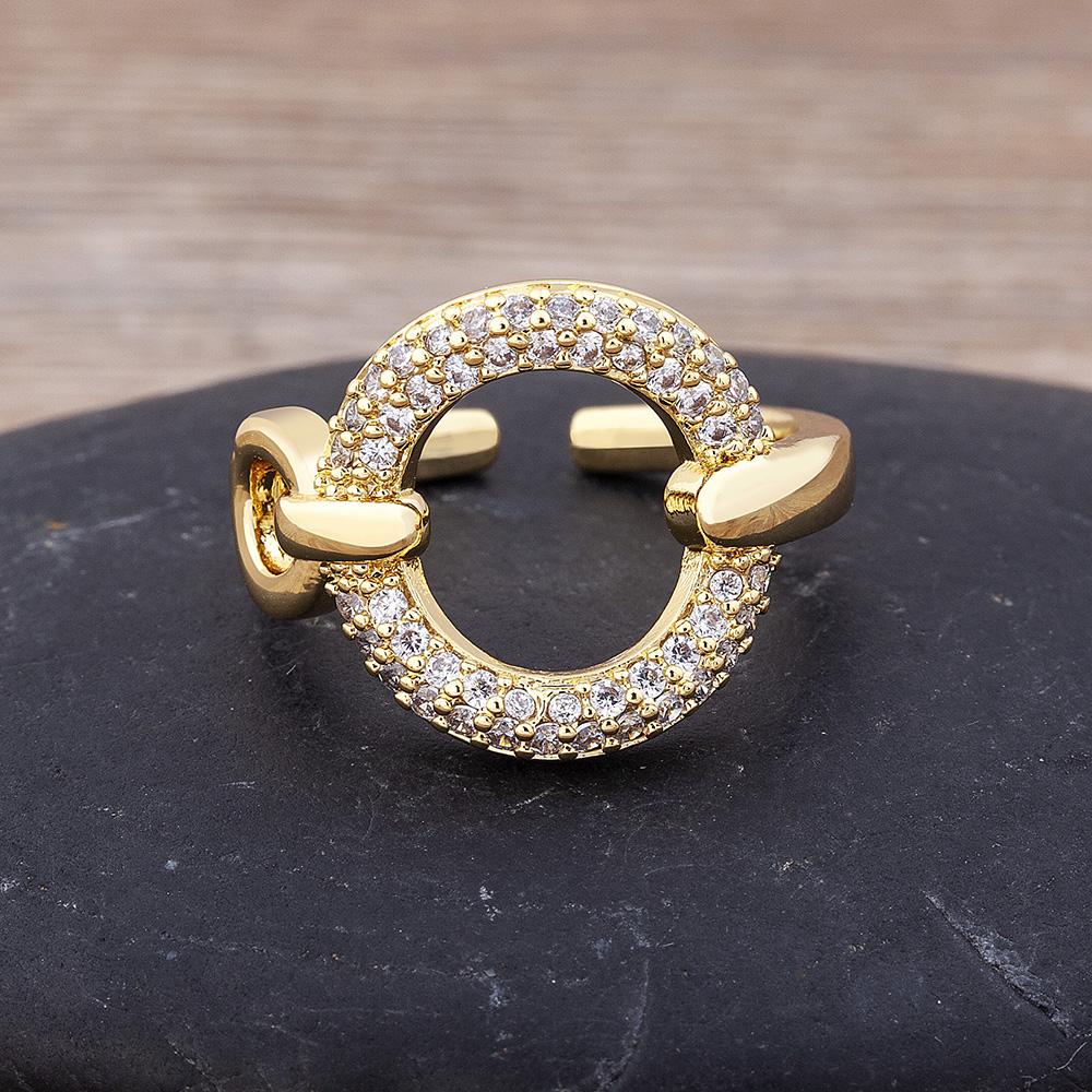 Nidin Interlocking Double Circle Cubic Zirconia Open Adjustable Ring for Women Trendy Geometric Daily Party Wedding Jewelry Gift