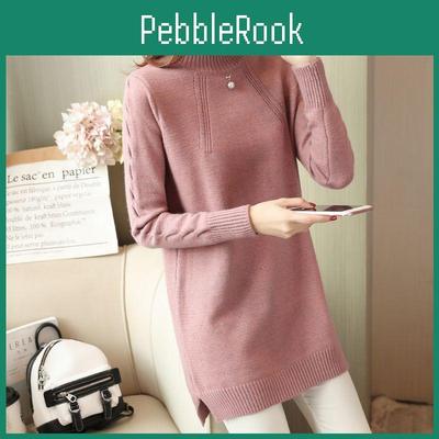 Mid Long To Spring Knitted Pullover Solid Color Womens Plus Velvet Thick Sweater Loose Long Sleeved Base Sweater Womens Clothing