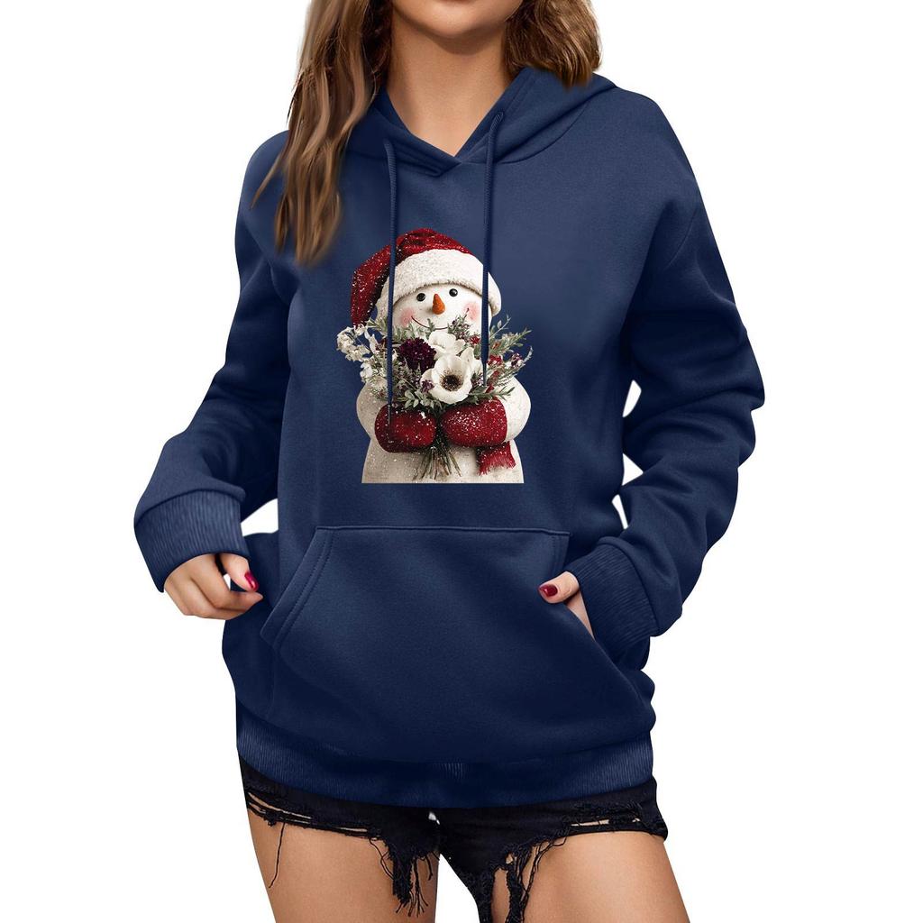 Women's Winter Christmas Printed Pullover Hooded Sweatshirt Fleece Long Sleeve Sweatshirt