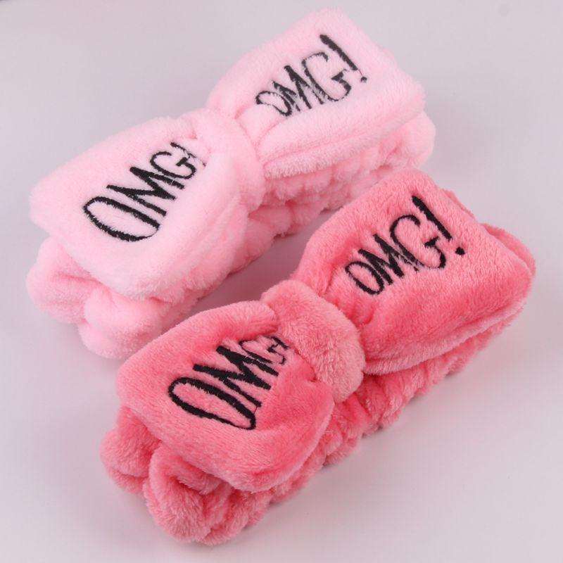 Versatile Candy Color Omg Letters Bow Headband Coral Fleece For Daily Facial Routines